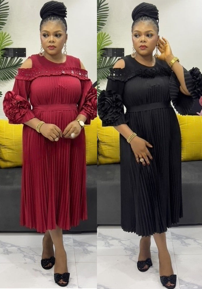 Beaded Cutout-Shoulder Pleated African Chic Loose Dress