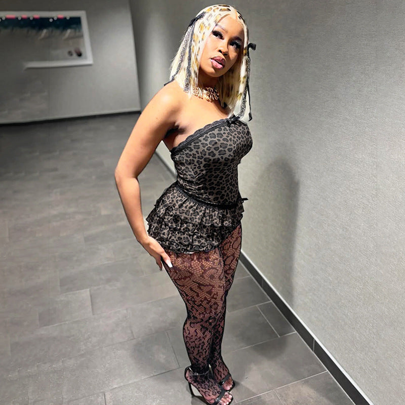 Women Summer Mesh Pleated Patchwork Leopard Printed Wrap Top and Shorts Two Piece Set 4