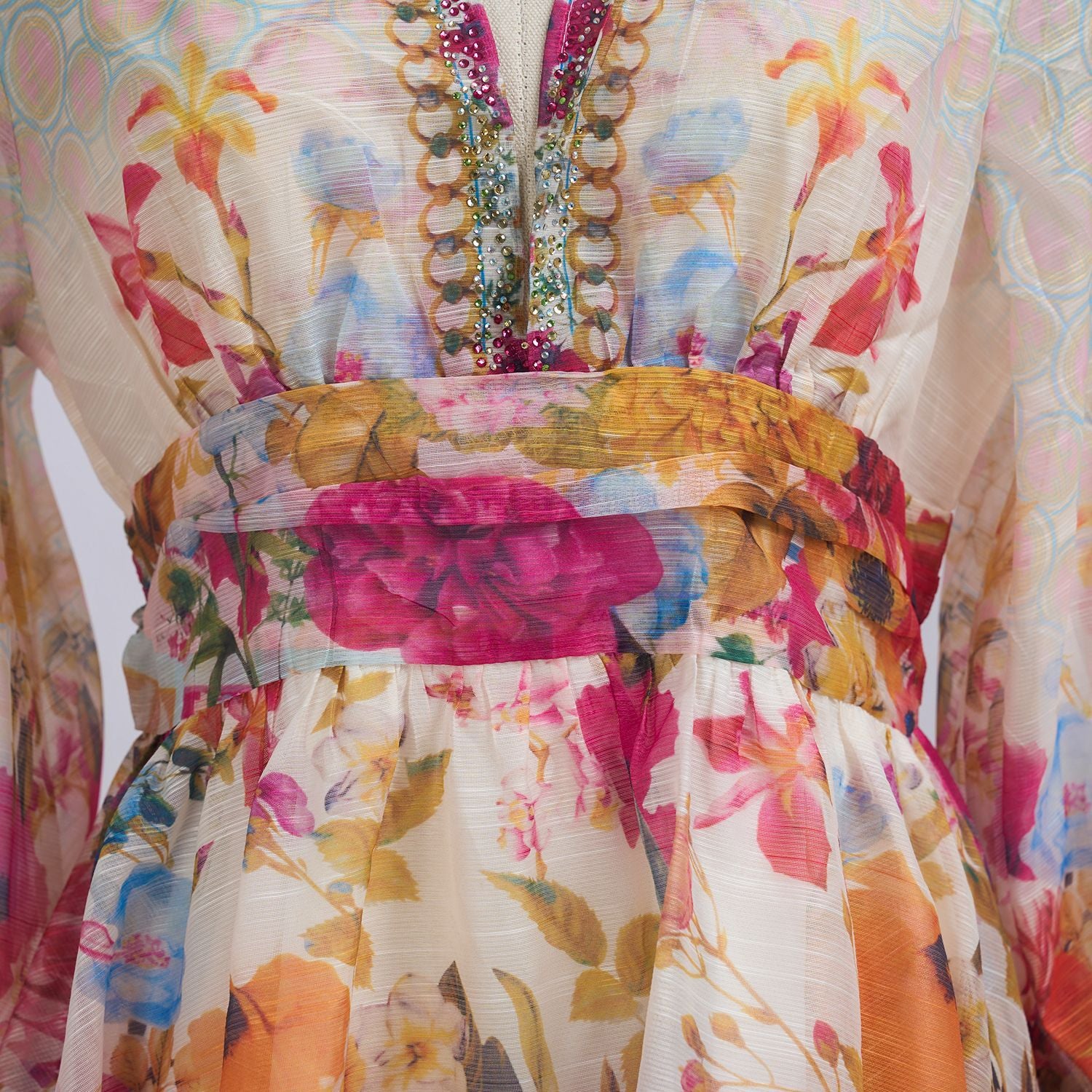 Spring Summer V neck Print Beaded Slim Waist A-line Holidays Dress 11