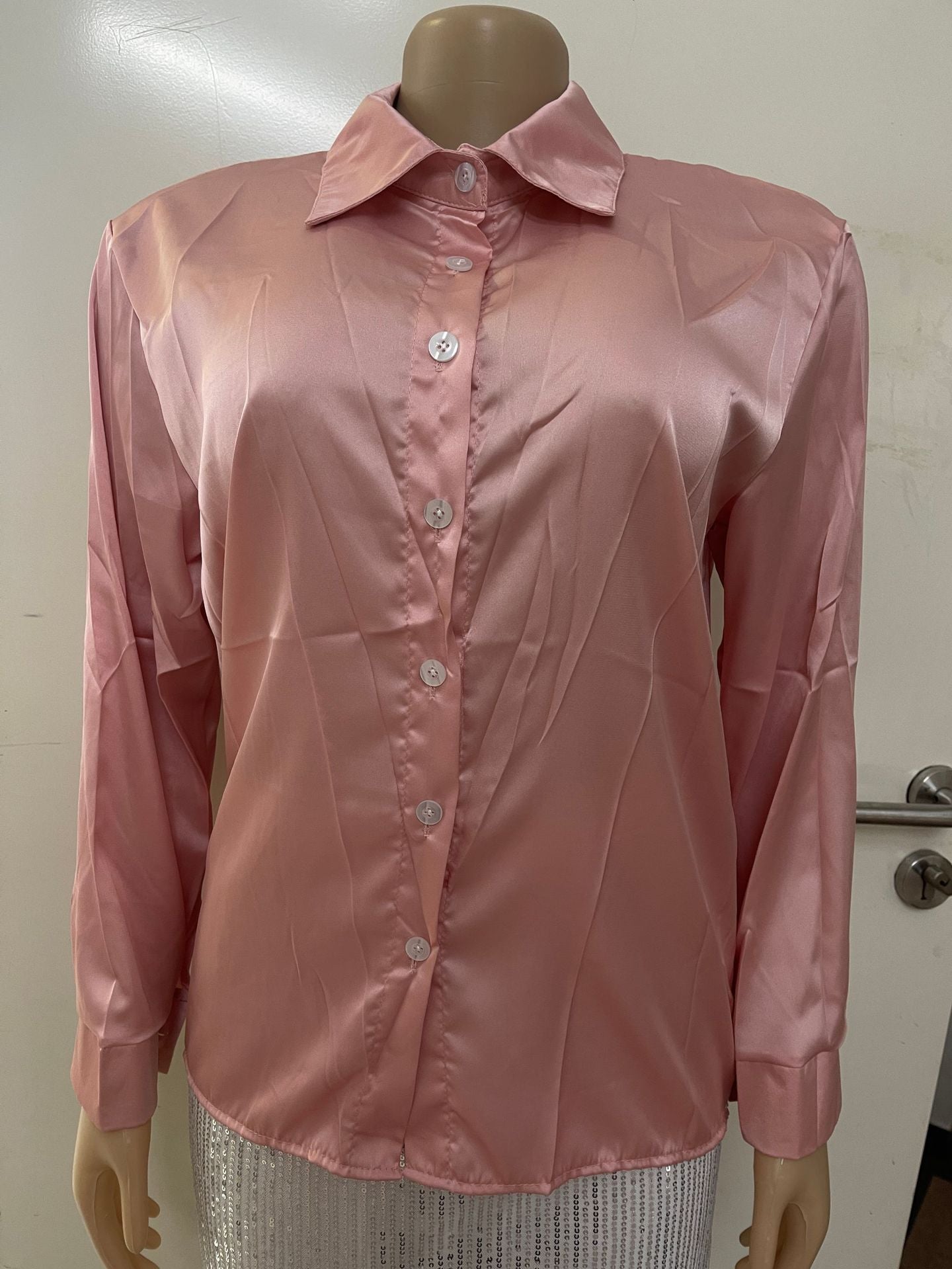 Women Satin Single Breasted Long Sleeve Solid Shirt 9