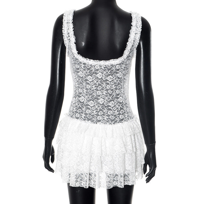 Summer women's straps transparent lace multi-layer ruffle dress 6