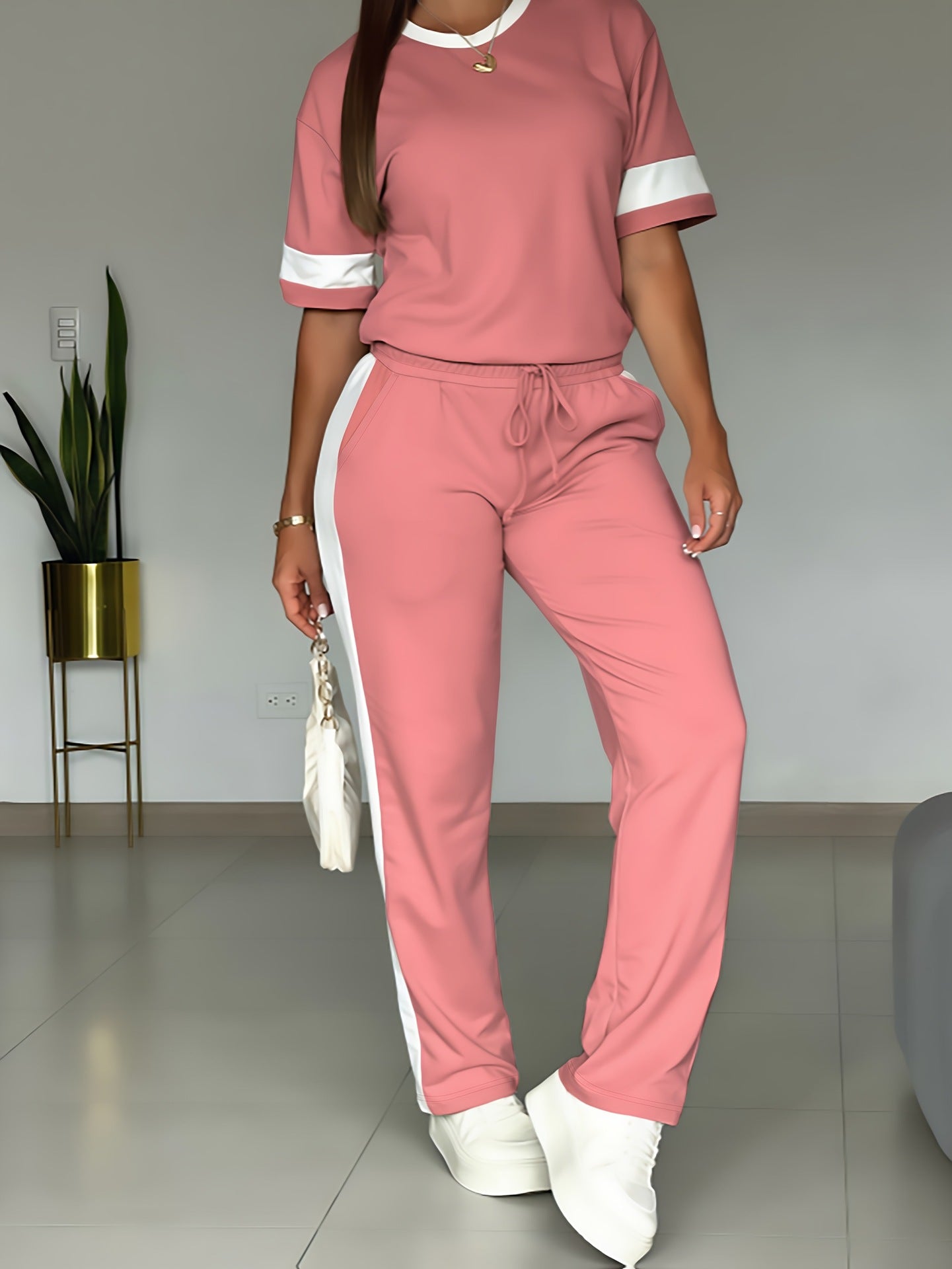 Casual Sporty Women's Fashion Short Sleeve Two Piece Pants Set 4