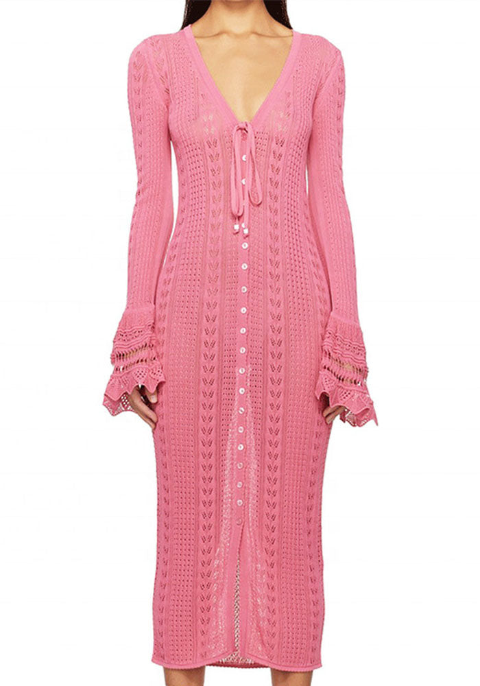 Women's V-Neck Bell-Bottom Sleeve Knitting Dress