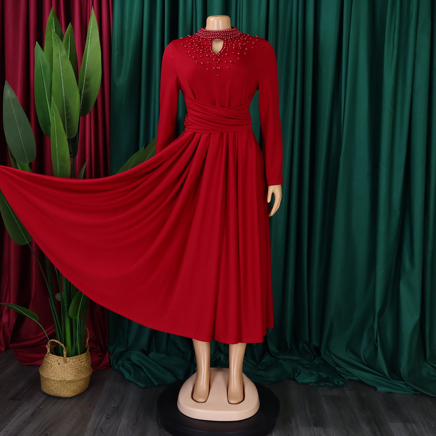 Women High Neck Elegant Beading African Dress 13