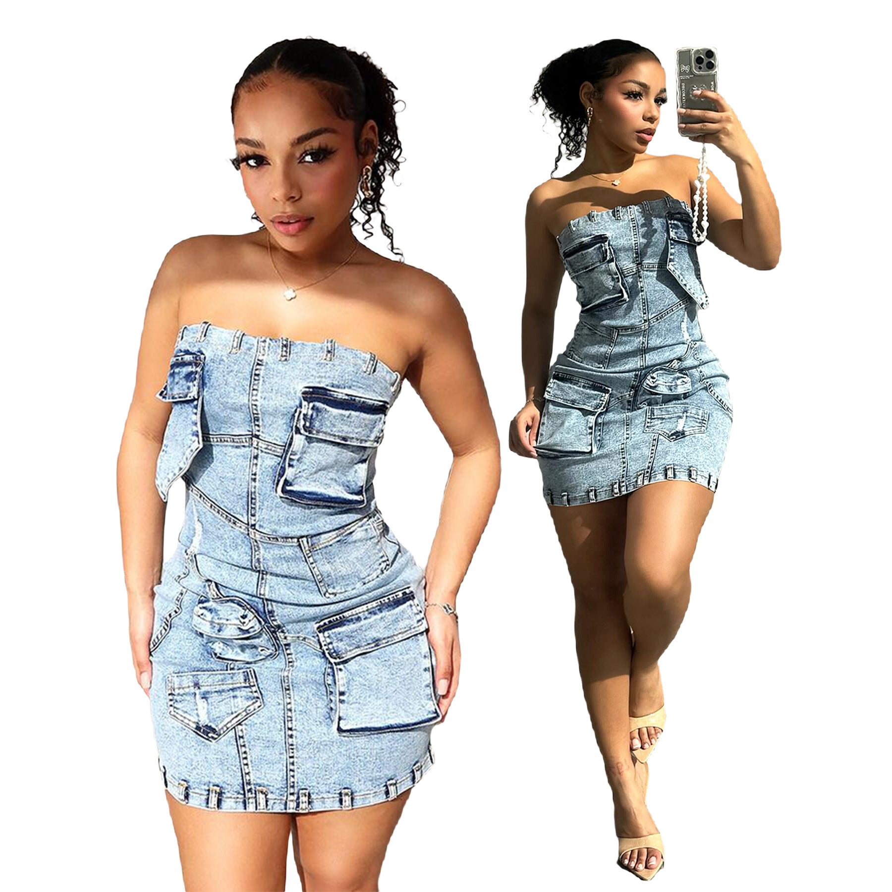 Strapless Pocket Slim Fit Denim Dress