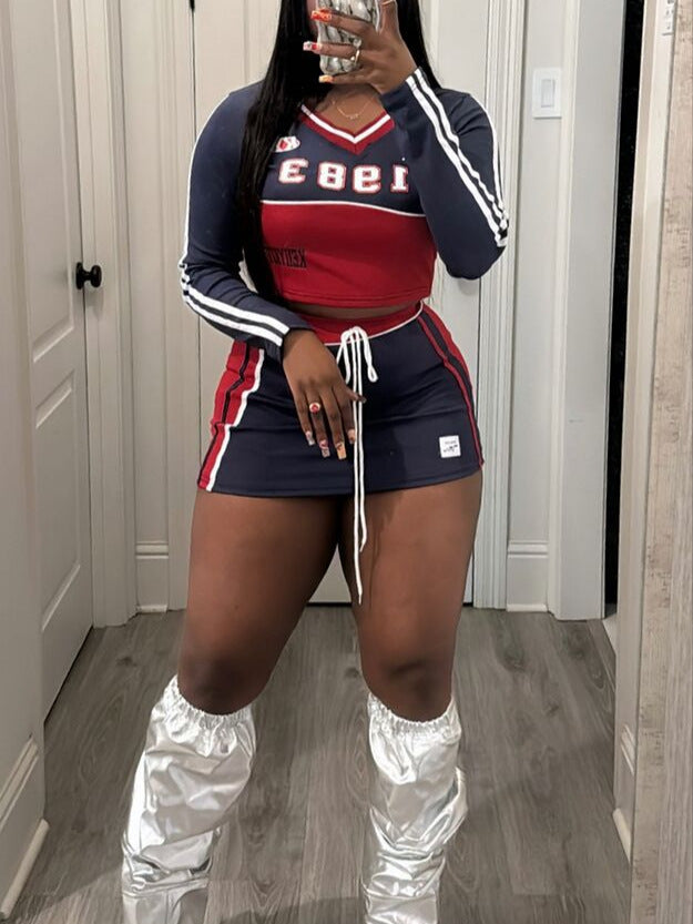 Women American Long Sleeve V-Neck Print Sports Casual Top and Skirt Two-piece Set 3