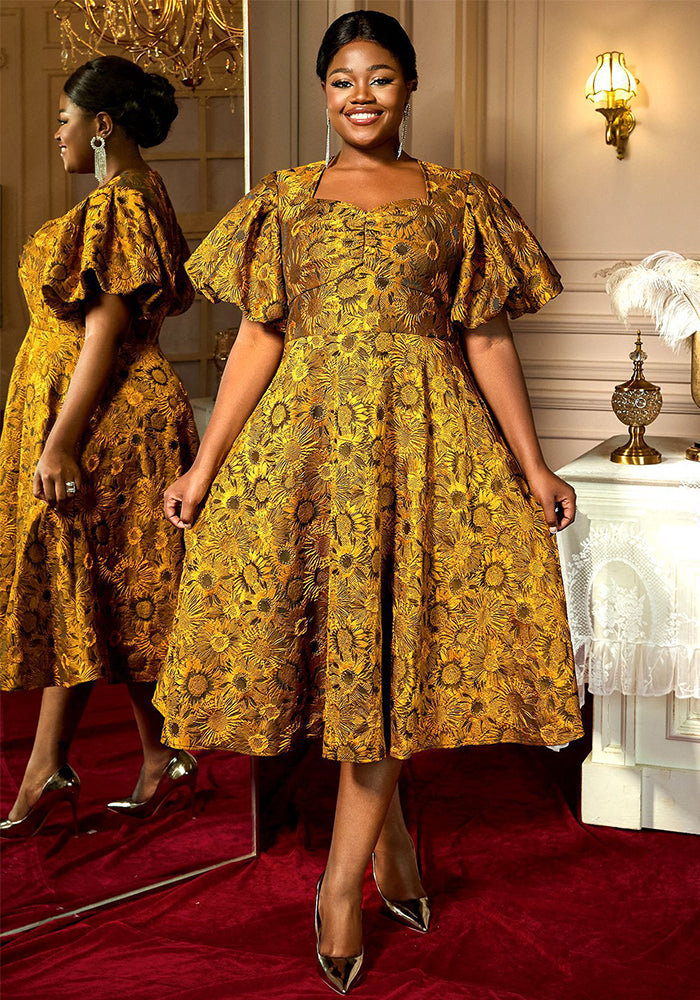 Summer Puff-Sleeve Jacquard Square-Neck A-Line Cocktail Dress