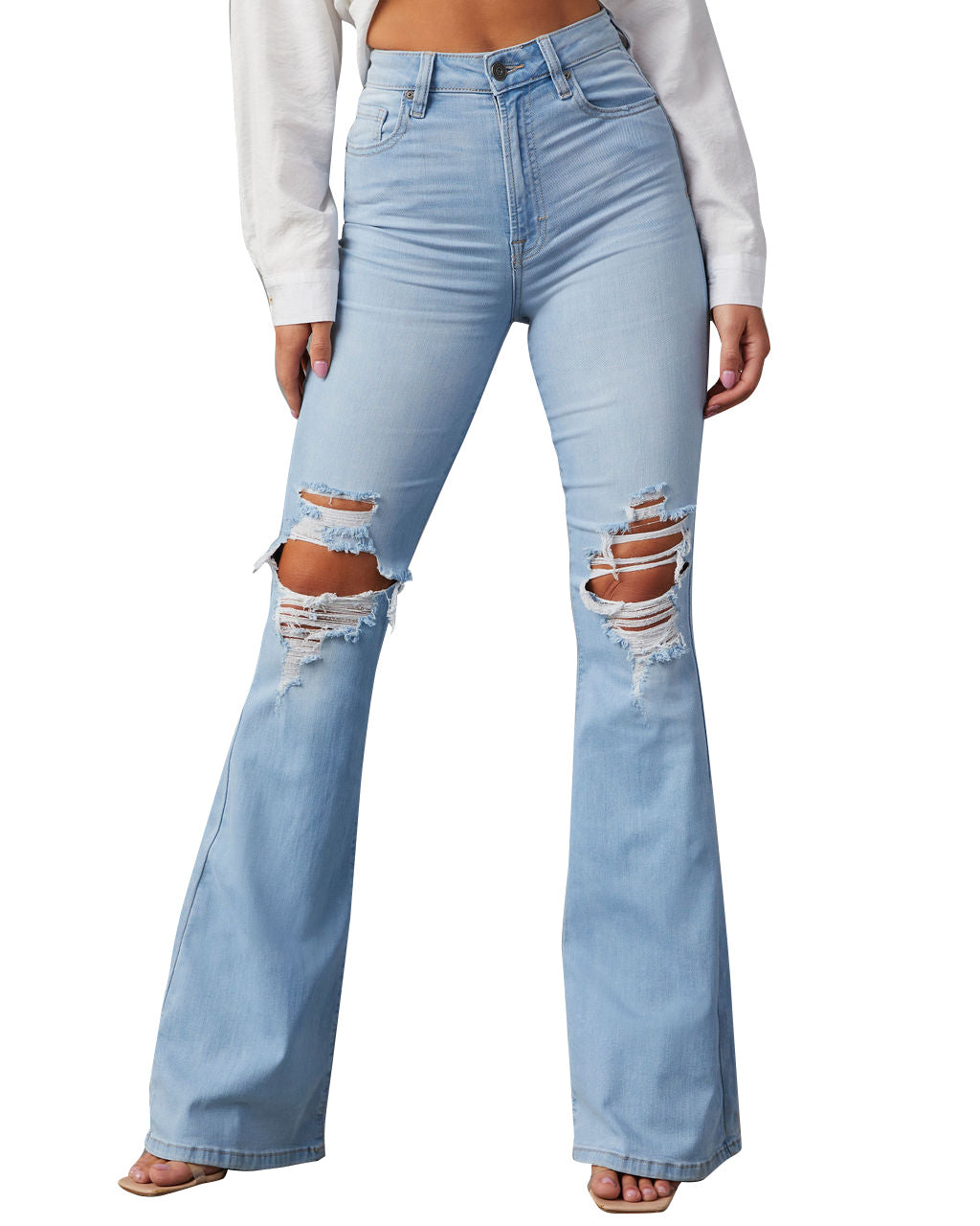 Women High Waist Ripped Denim Bell Bottom Pants 6