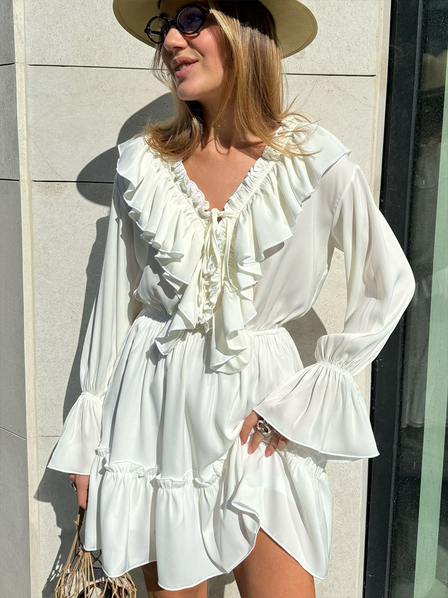 Women's Autumn Bell Bottom Sleeve V-neck Short Chiffon Dress 3