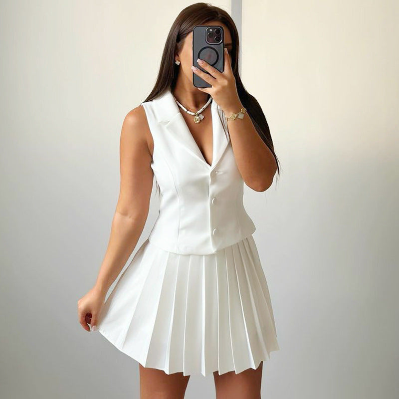 Women's Turndown Collar Sleeveless Vest Top Pleated Mini Skirt Fashion Casual Two-Piece Set 7