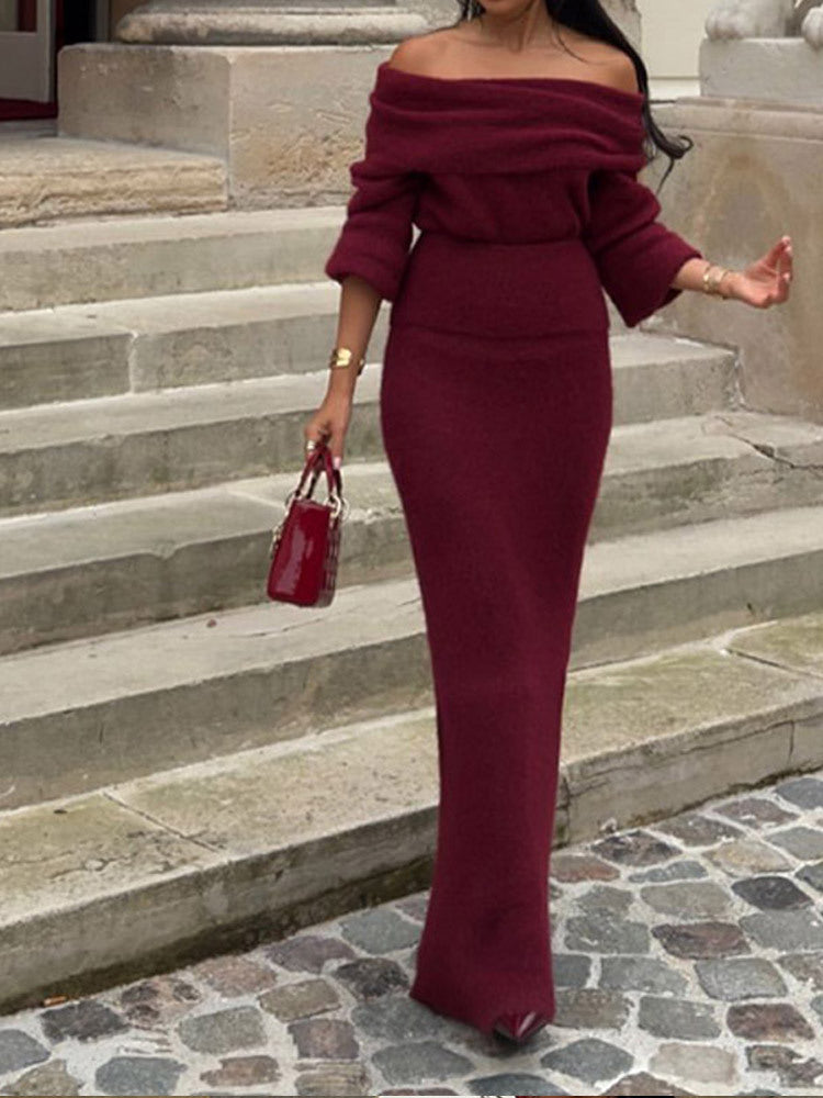Burgunry Off-Shoulder Slim Long-Sleeved Knitting Long Dress 3