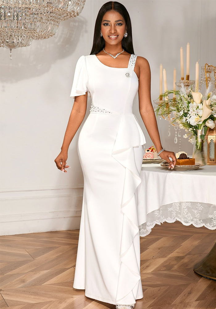 One-Shoulder Beaded Party Dress Chic Formal Bodycon Maxi Gown