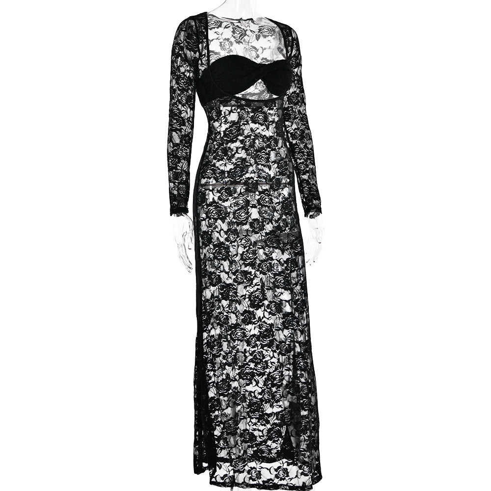 Women sexy lace See-Through long-sleeved dress 14