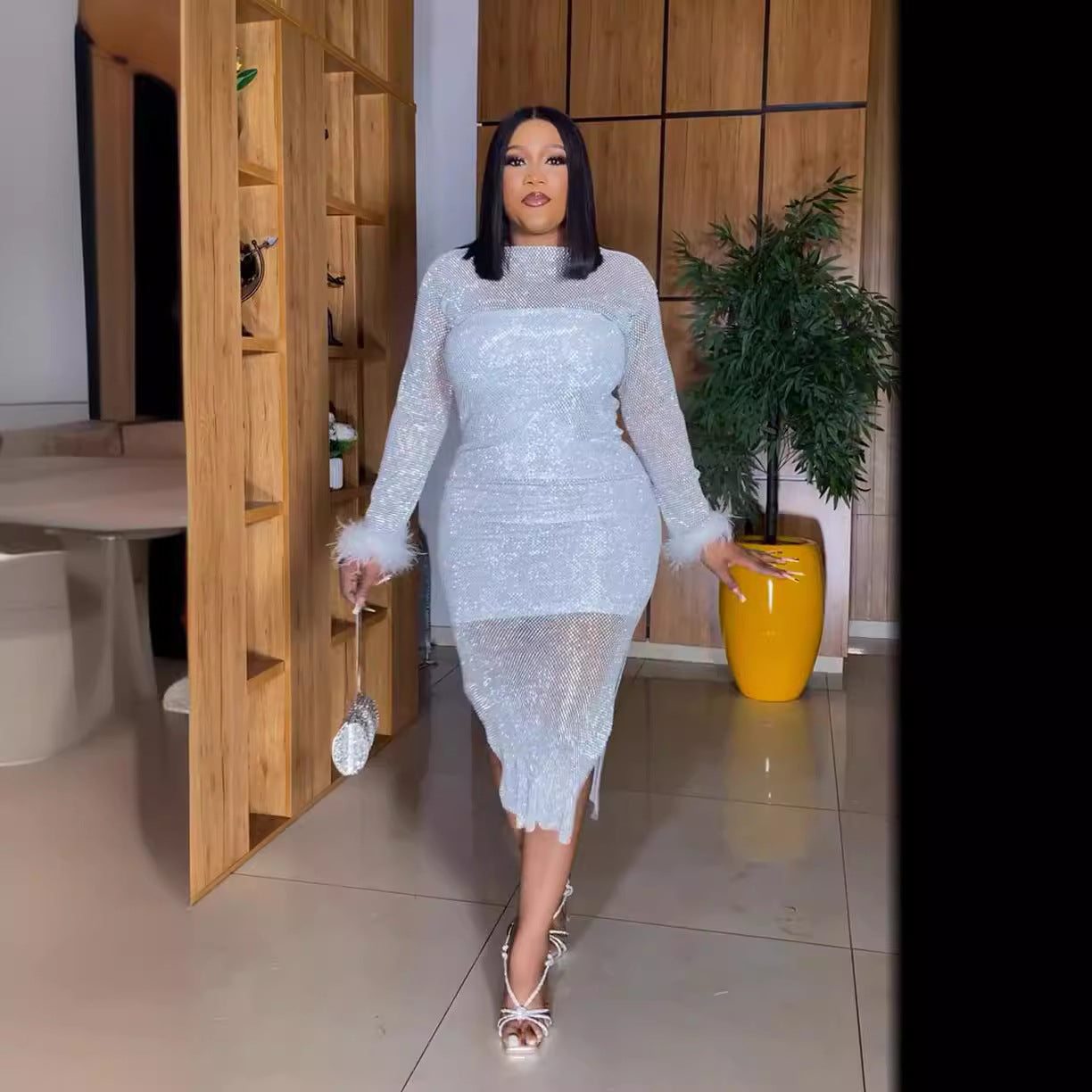 Africa Plus Size Women Bodycon Sequined White Dress 3