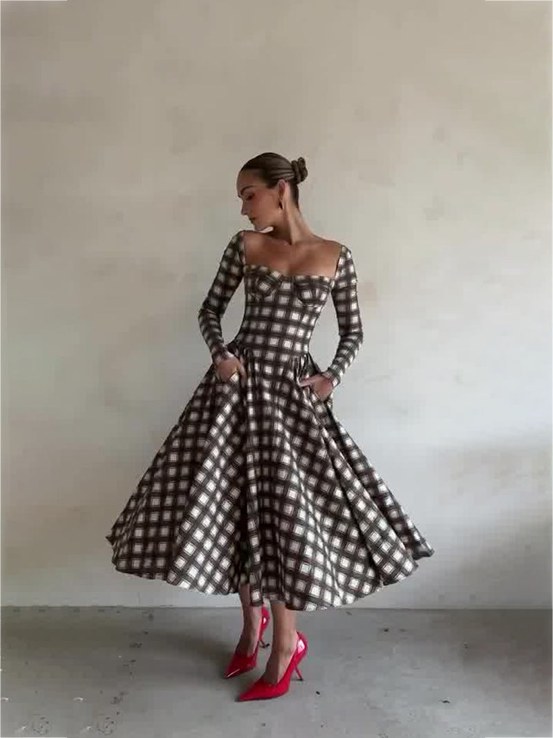 Women Autumn U-neck Plaid Long Sleeve Belt Dress