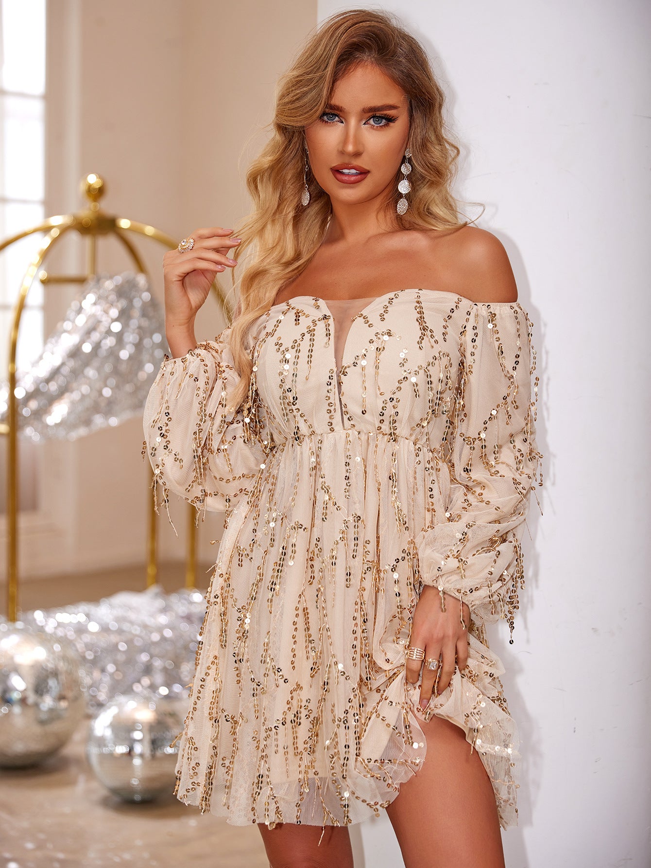 Women's Sequin Off Shoulder Long Sleeve Elegant Party Dress 3
