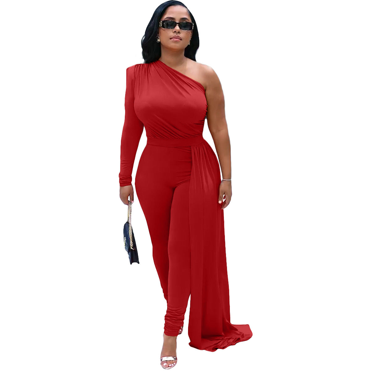 Women Slash Shoulder Irregular Solid Color Jumpsuit 4