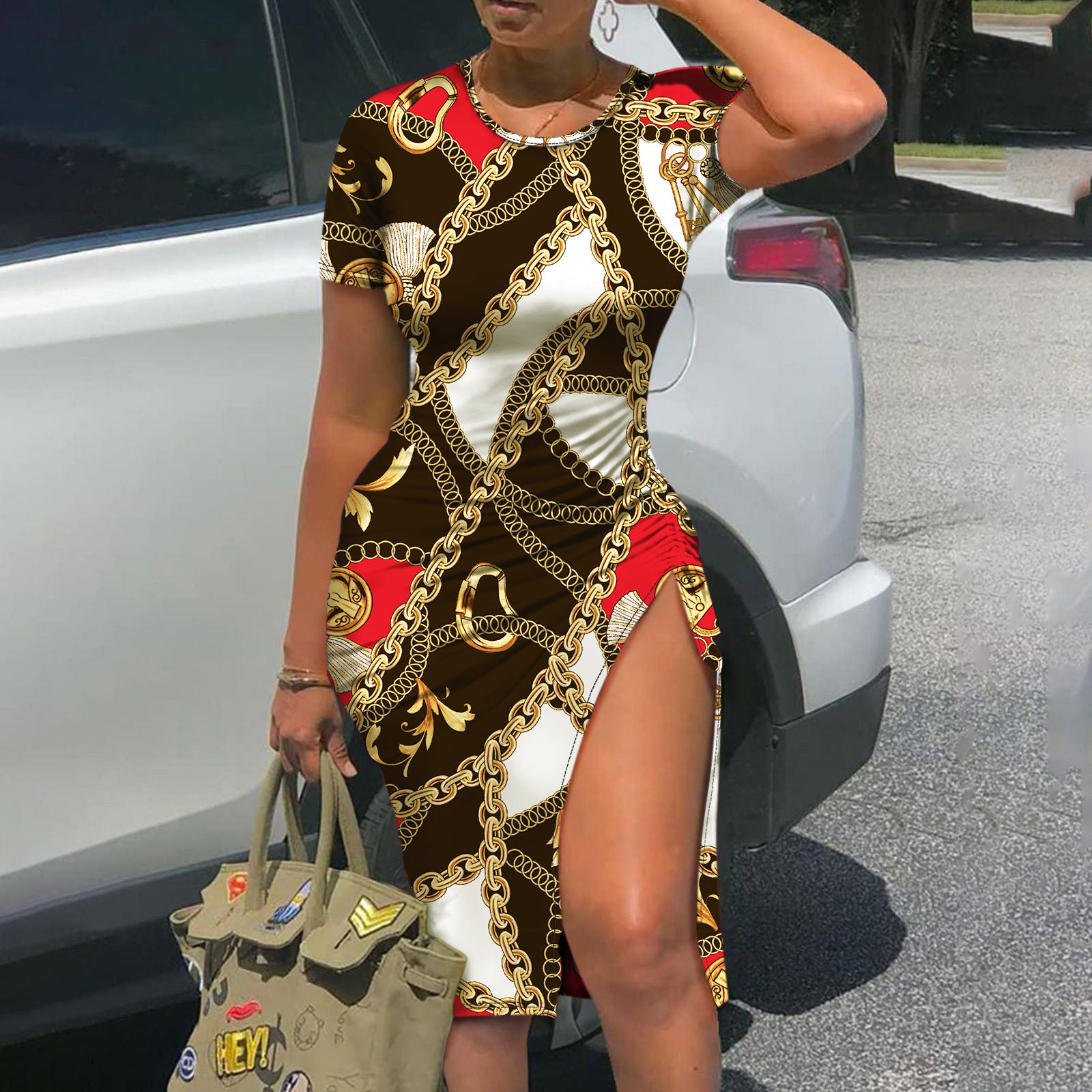 Sexy Chain Print Short Sleeve Drawstring Irregular Casual Dress