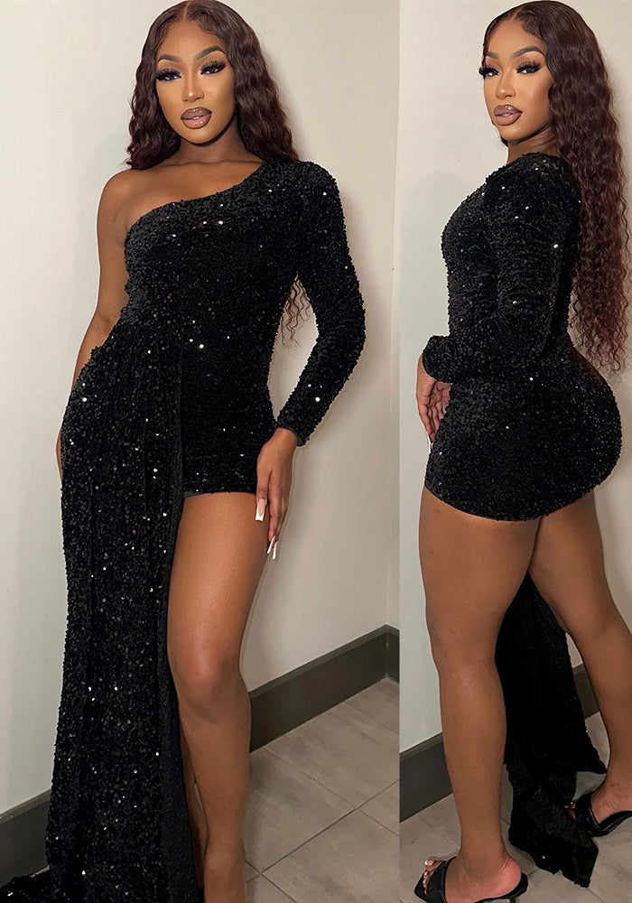 Women Sexy One Shoulder Long Sleeve Sequin Dress