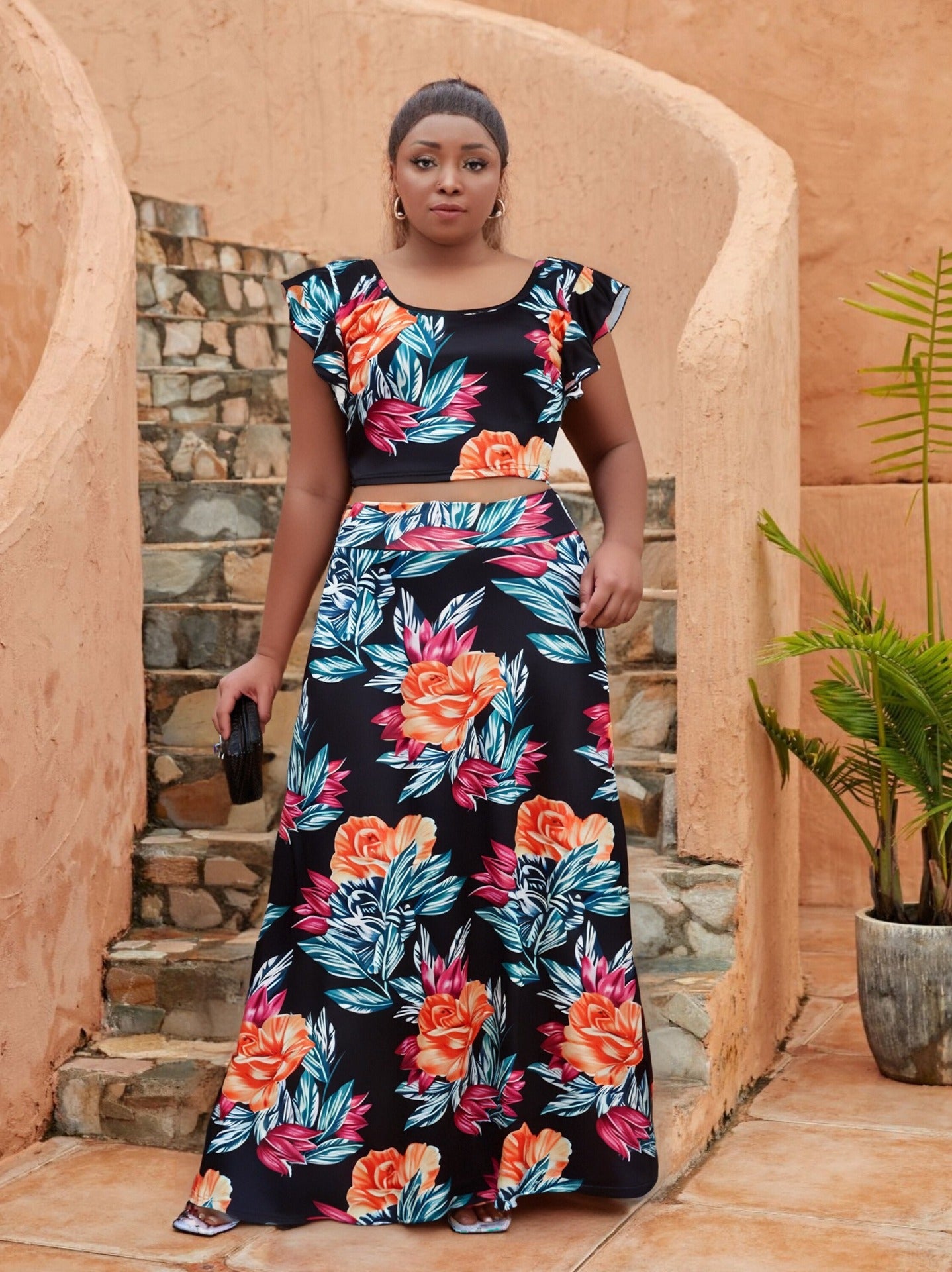 Plus Size Women Women Casual Ruffle Sleeve Printed Top and Long Skirt Two-piece Set 11