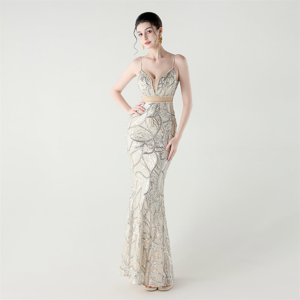 Women See-Through Mesh back cross Lace-Up fishtail sequined evening dress 14