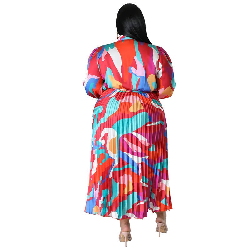 Plus Size Women Lace-Up Long Sleeve Printed Pleated Dress 21