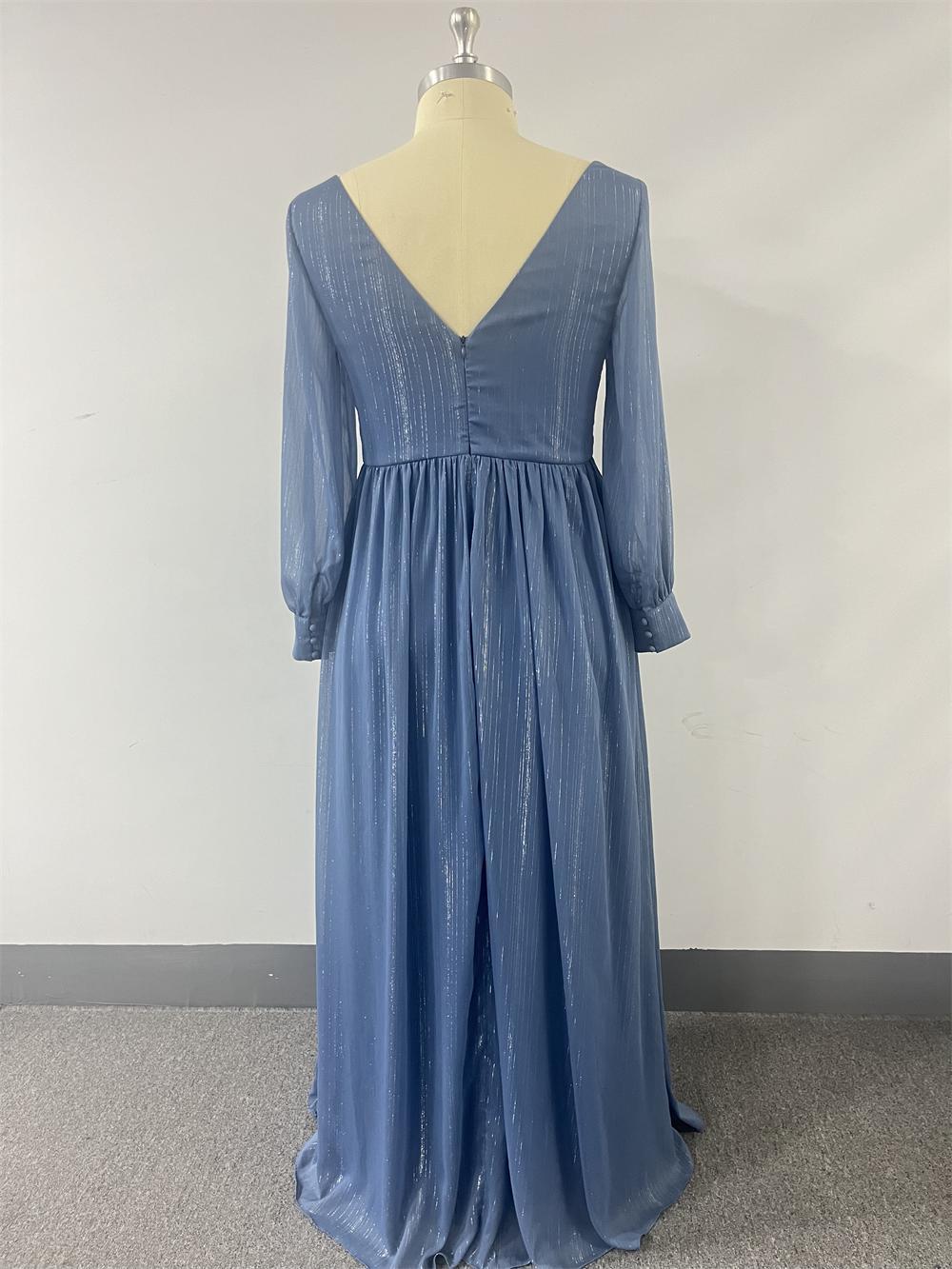 Plus Size Women Long Sleeve Double V-Neck Pleated Evening Dress 5