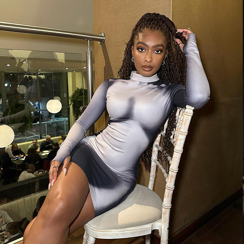 Women's Summer Fashion Casual Body Print Long Sleeve Slim Round Neck Short Dress