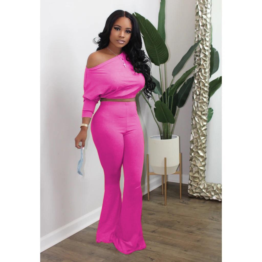 Women's Casual Bat Long-Sleeved Top Bell Bottom Pants Two-Piece Set 11