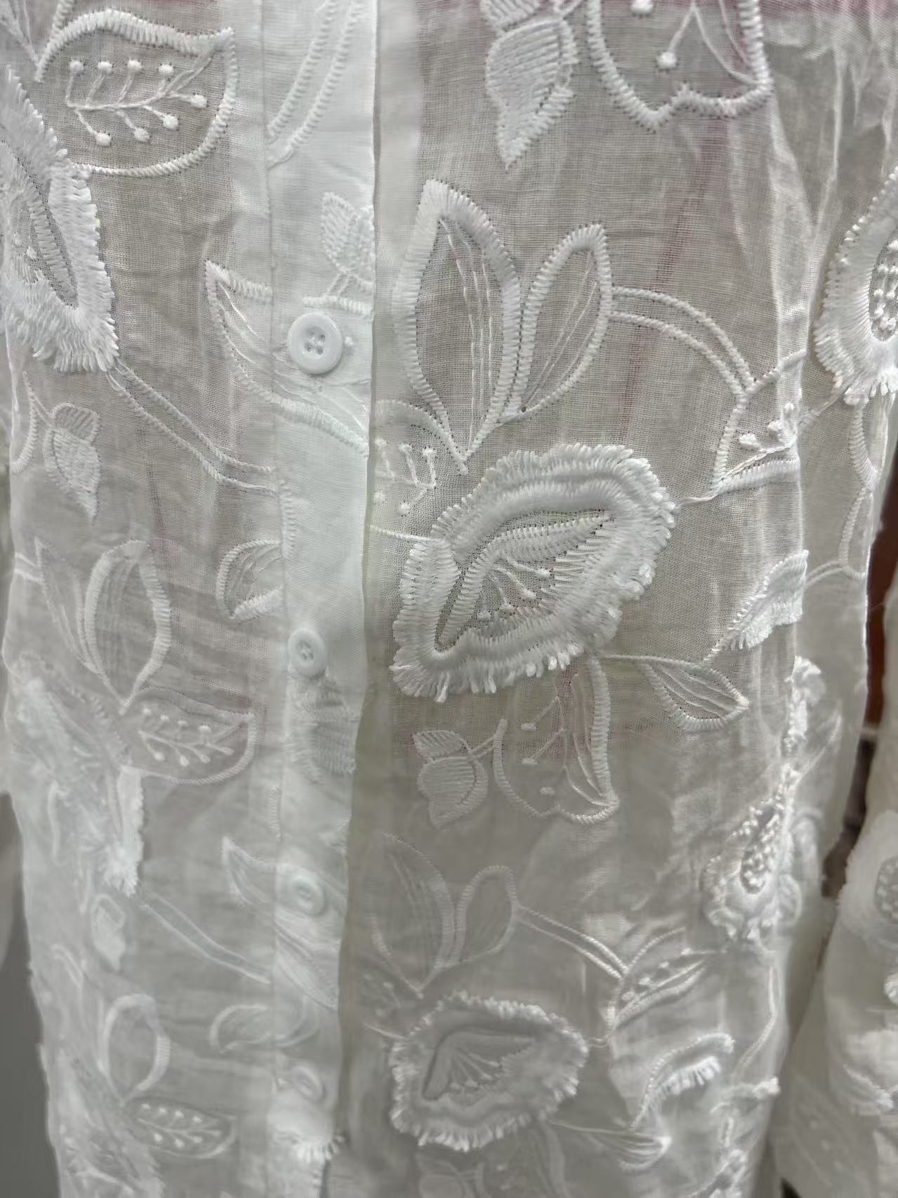 Women's Fashion Sexy White Lace Embroidery See-Through Shirt High Waist Shorts Two Piece Set 9