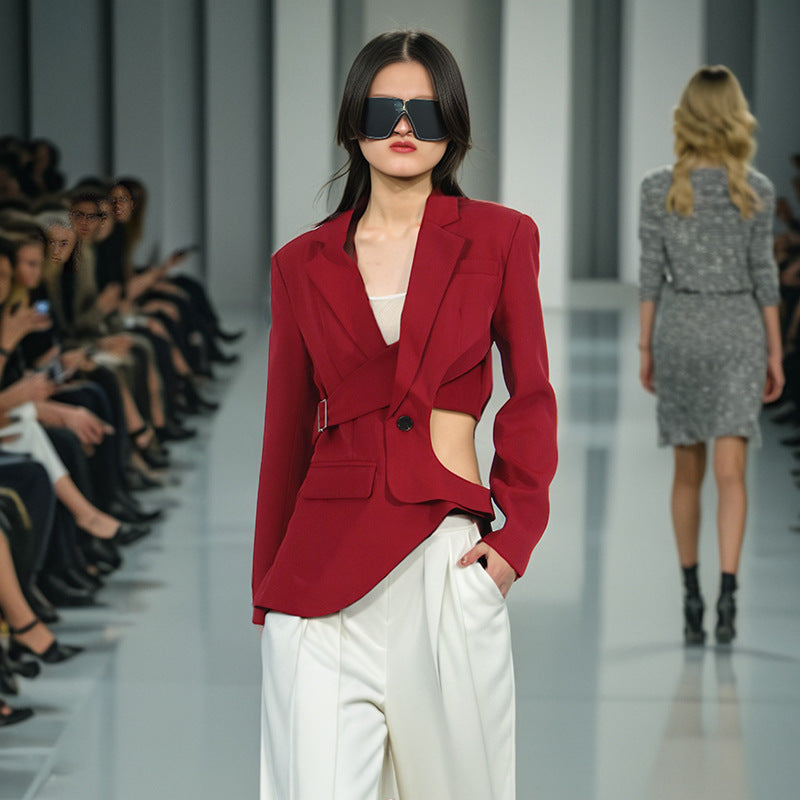 Women hollow open waist hollow V-neck blazer 3