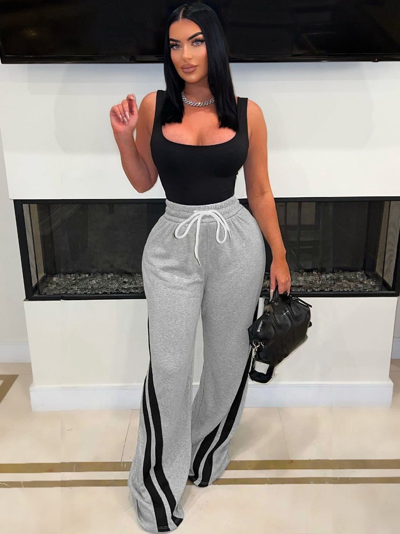 Women Casual side stripe wide leg pants 4