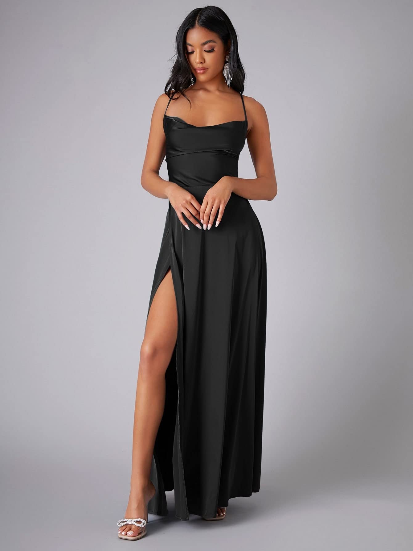 Women Sexy Backless Suspender Slit Maxi Dress 5