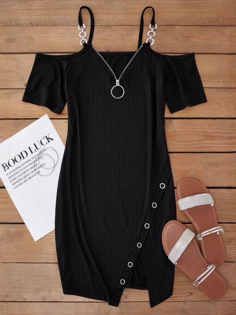 Women Fall and Winter V-neck Short Sleeve Solid Metal Slit Dress 7