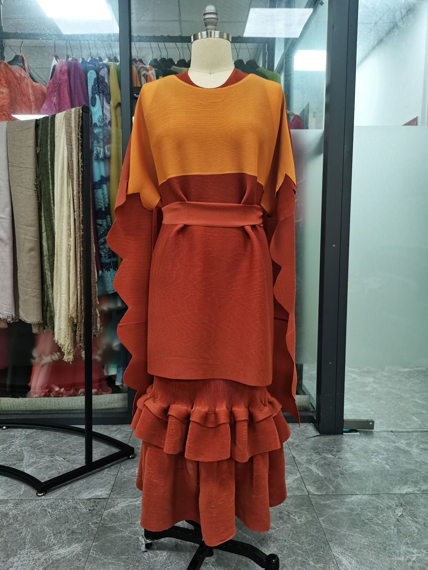 Africa Plus Size Contrast Color Round Neck Ruffle Fashion Two-Piece Dress Set 6