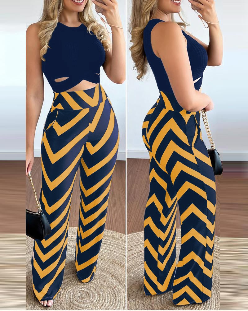 Spring Print Sleeveless Tank Wide Leg Pants Fashion Casual Two Piece Suit 4