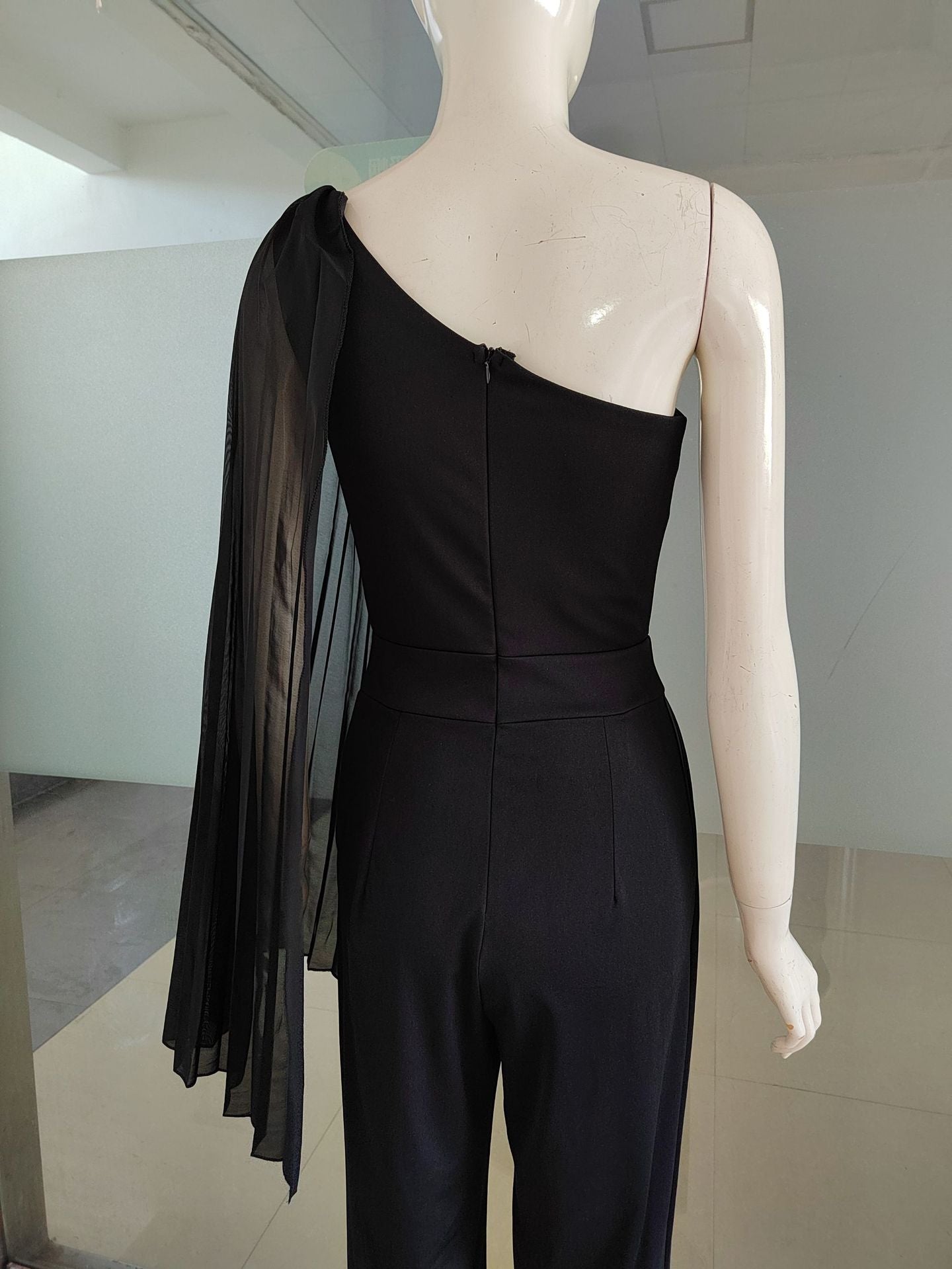 Women Sexy Black Stretchy Color-Block One-Shoulder Jumpsuit 8