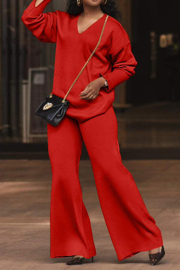 Women Solid Long-Sleeved Slit Two-Piece Set 4