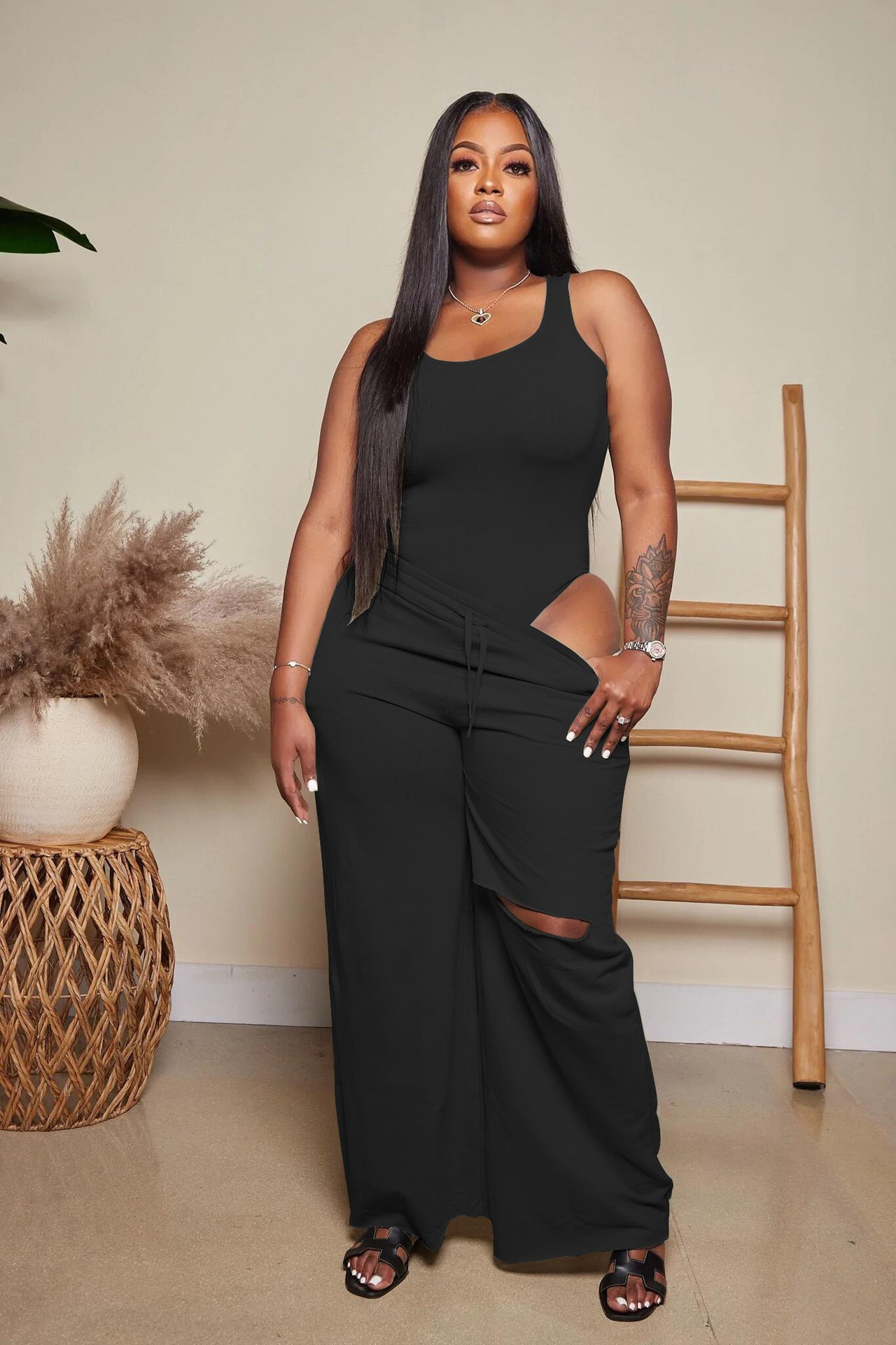 Women Sleeveless Bodysuit+ Ripped Wide Leg Pants Two Piece 3