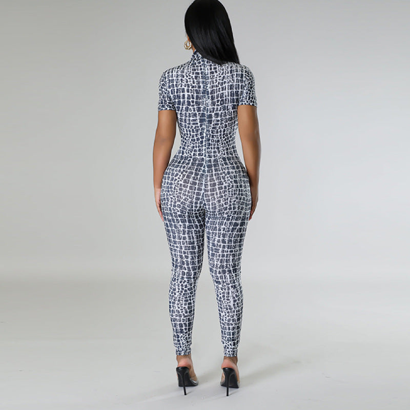 Fashion Print Tight Fitting Sexy Women's Short Sleeve Jumpsuit 3