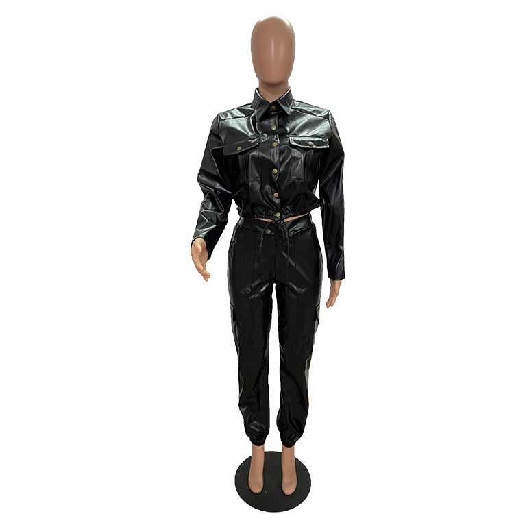 Women autumn and winter pocket pu leather top and trousers two piece set 8