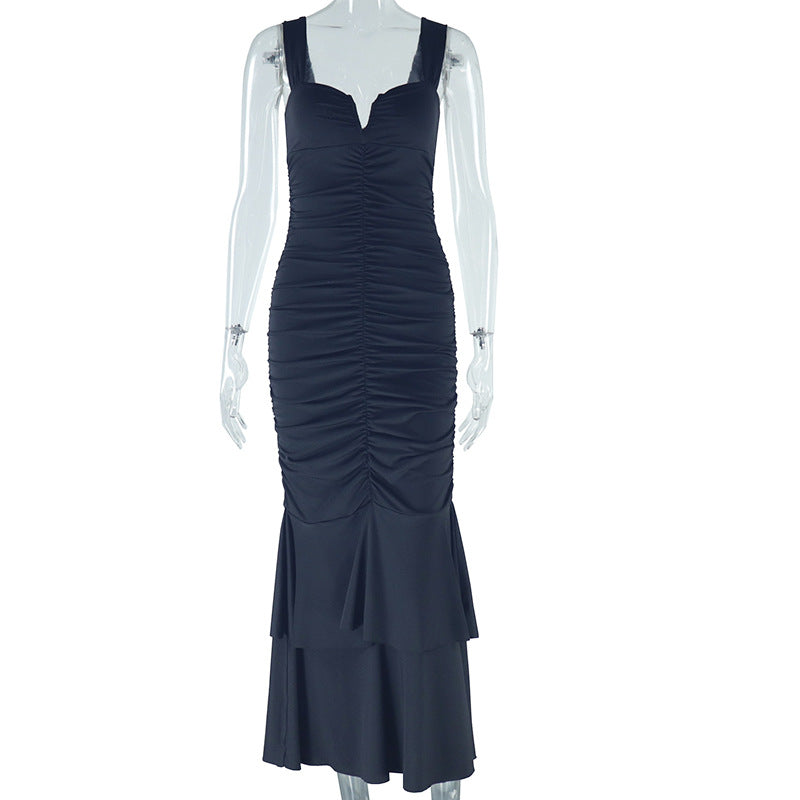 Women Solid Color Strap Sleeveless Low Back Tight Fitting Pleated Fishtail Dress 6