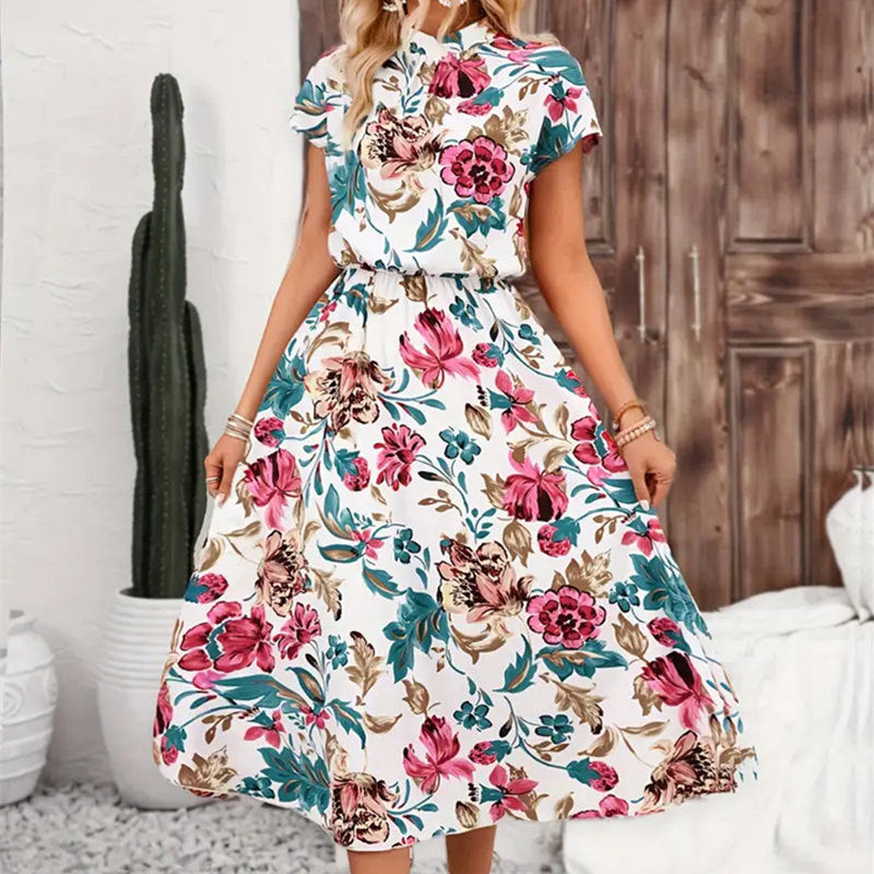 Women's Flower Print Loose Stand Collar Short Sleeve Spring and Summer Midi SDress 3