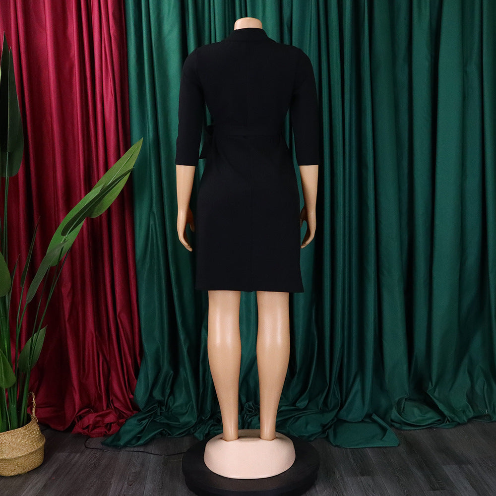 Plus Size Women's Fashion Turndown Collar Fashion Lace-Up Slim Waist Pleated African Dress 28