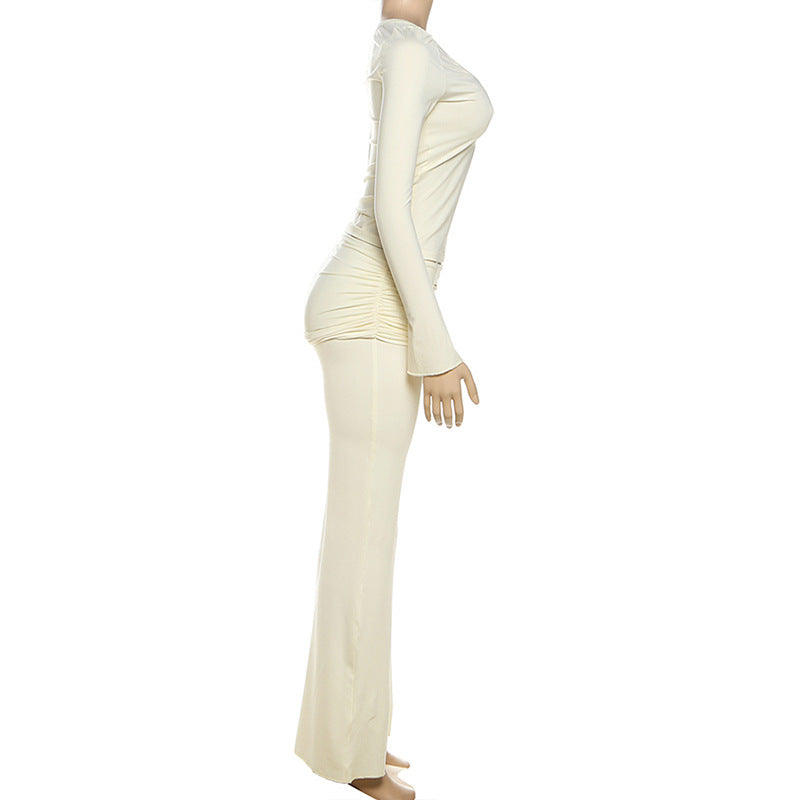 Women Fall Solid V-Neck Buttoned Long-Sleeve T-Shirt and Bell Bottom Two-Piece Set 8