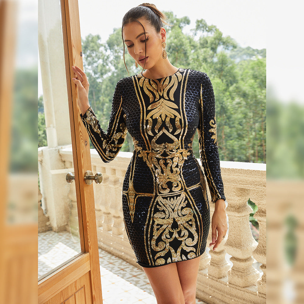 Women long-sleeved Round Neck sexy sequin Formal Party Mini evening dress companion 3