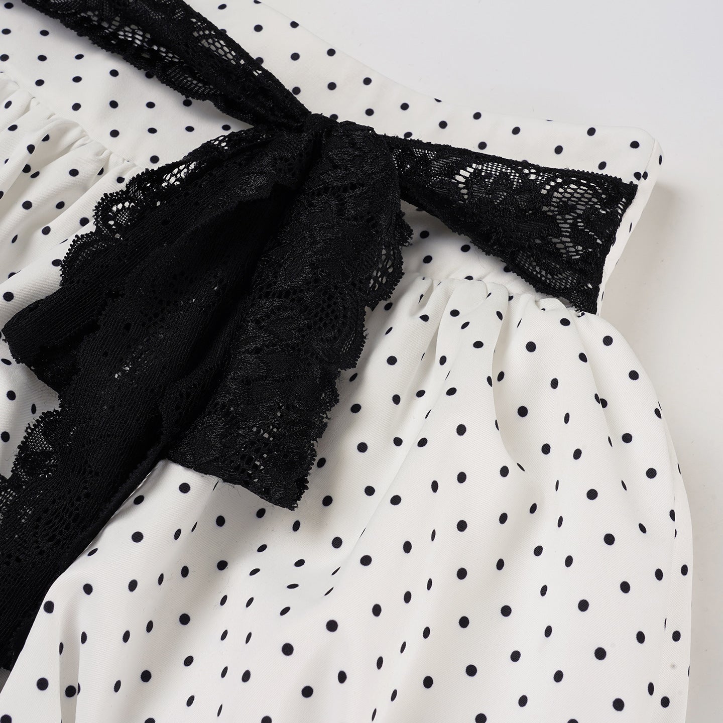 Women Summer French Lace Polka Dot Contrast Flower Bud Mini Dress 16