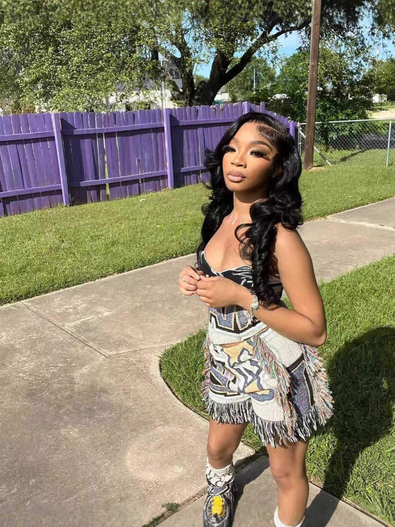 Women casual multi-color print tassel shorts 6