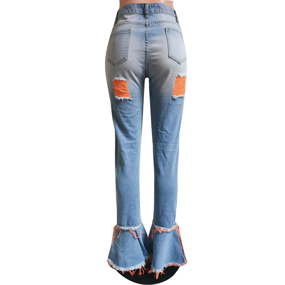 Women Ripped Tassel Denim Bell Bottom Pants 12