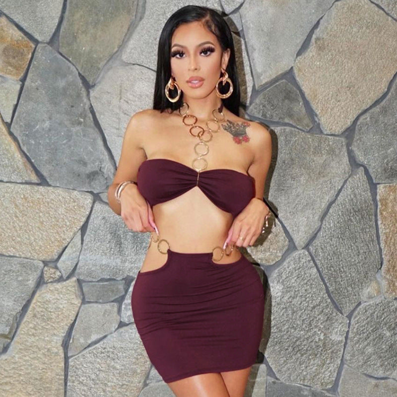 Spring Women'S Metal Ring Halter Neck Sexy Two Piece Skirt Set